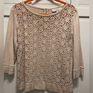 Loft Tan Lace Front Sweatshirt Sweater Top size Small